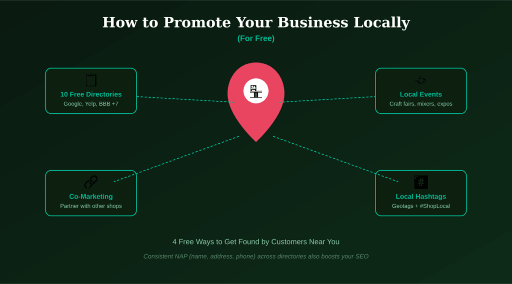 Infographic on how to promote your business locally for free using online directories, local networking events, business partnerships, and local hashtags