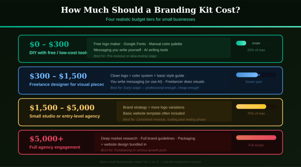 Infographic showing four budget tiers for affordable small business branding kits, ranging from zero to three hundred dollars DIY up to five thousand dollars for a small agency package
