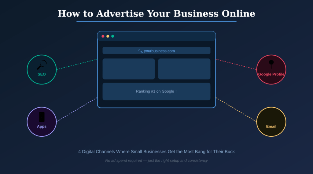 Infographic showing how to advertise your business online through SEO, business apps, Google Business Profile, and email marketing