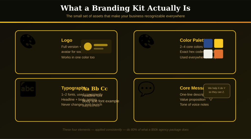 Infographic showing the four core elements of an affordable branding kit for small businesses: logo, color palette, typography, and core messaging