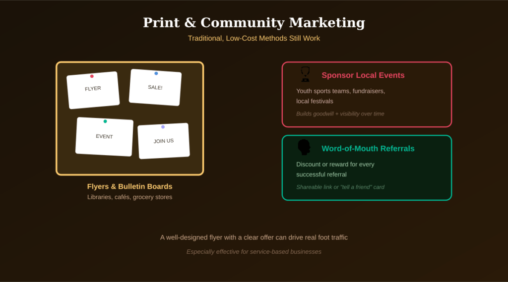Infographic showing local print marketing ideas including flyers on community bulletin boards, event sponsorships, and word-of-mouth referral programs
Title: Print and Community Marketing Ideas for Small Businesses