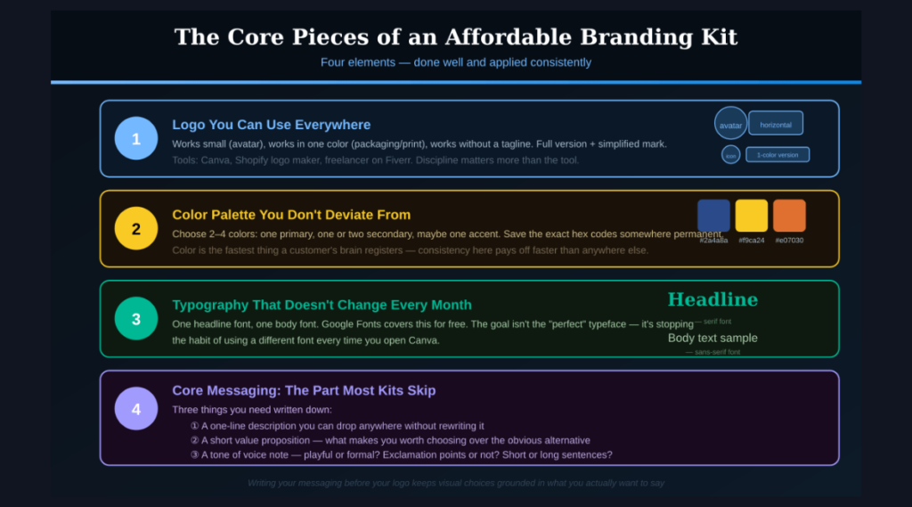 Infographic breaking down the four core pieces of a small business branding kit: a versatile logo, a fixed color palette with hex codes, consistent typography, and written core messaging